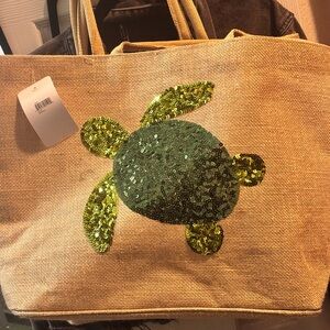 Sequin Turtle Jute/Polyester Tote Bag - Brown and Green